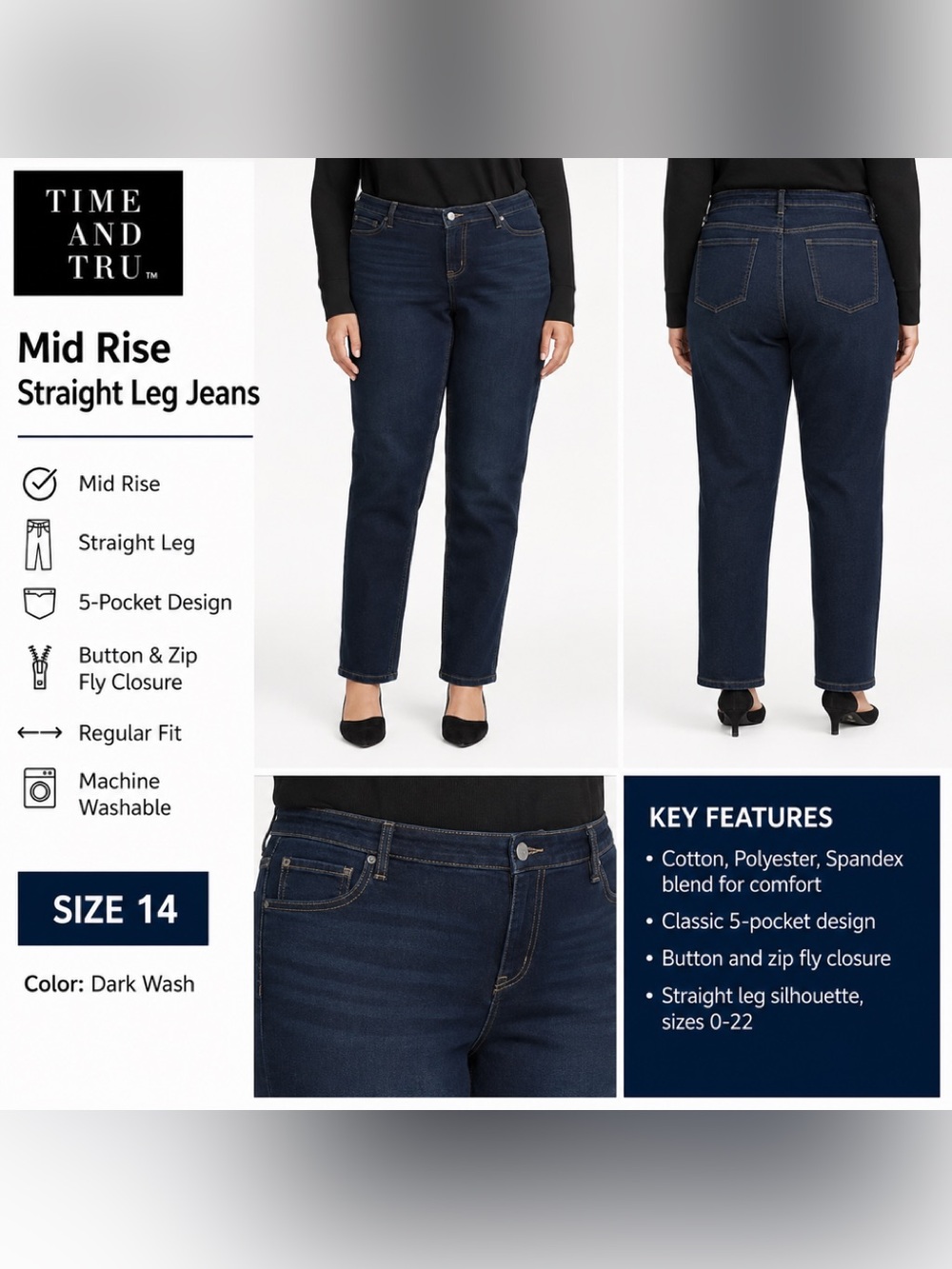 NWT Time & Tru Dark Wash Straight Leg Jeans - Mid Rise Size 14